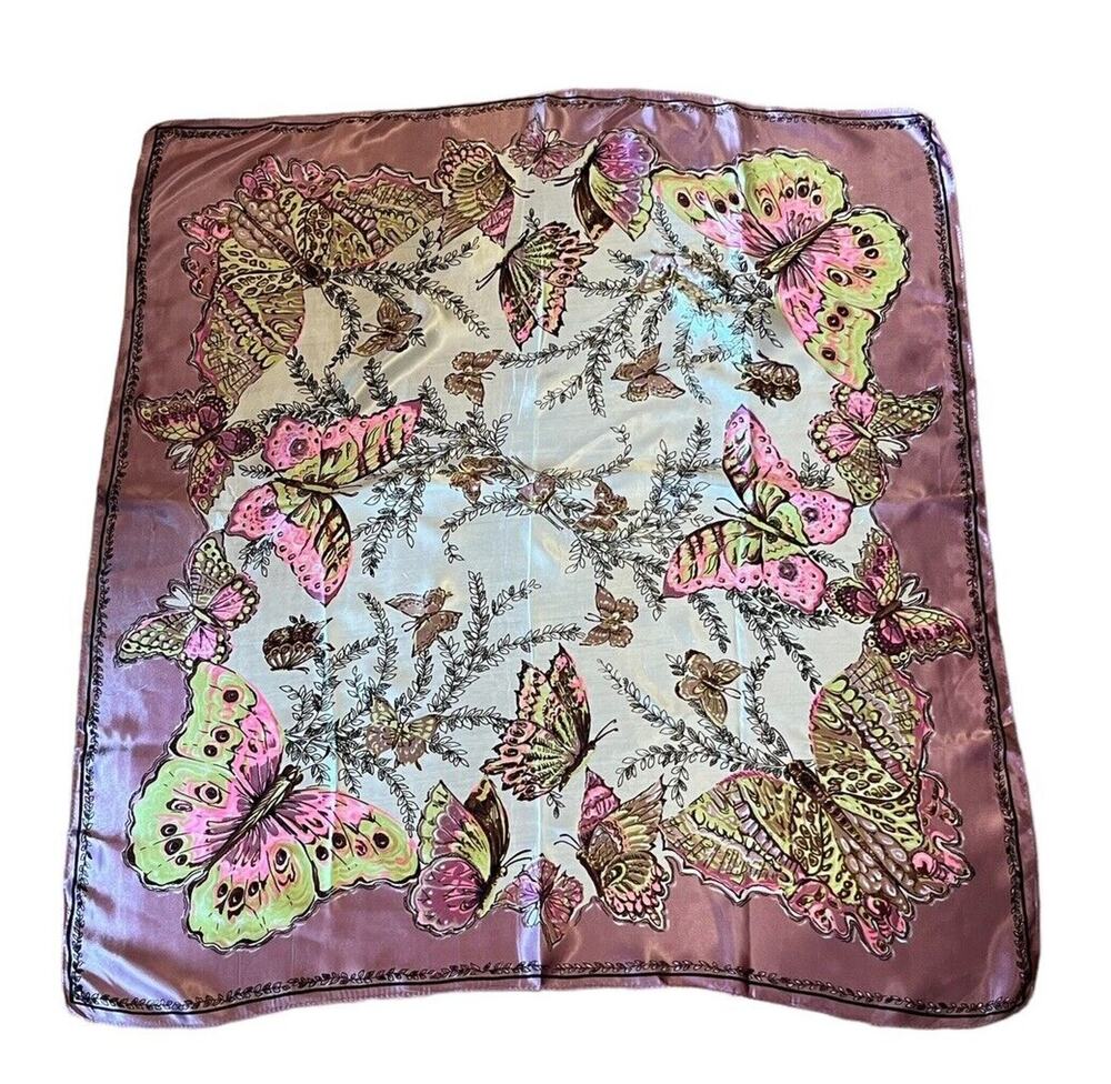 Vintage Scarf Butterflies Purple And Neon Large 33.5 X 31” Silky Feel